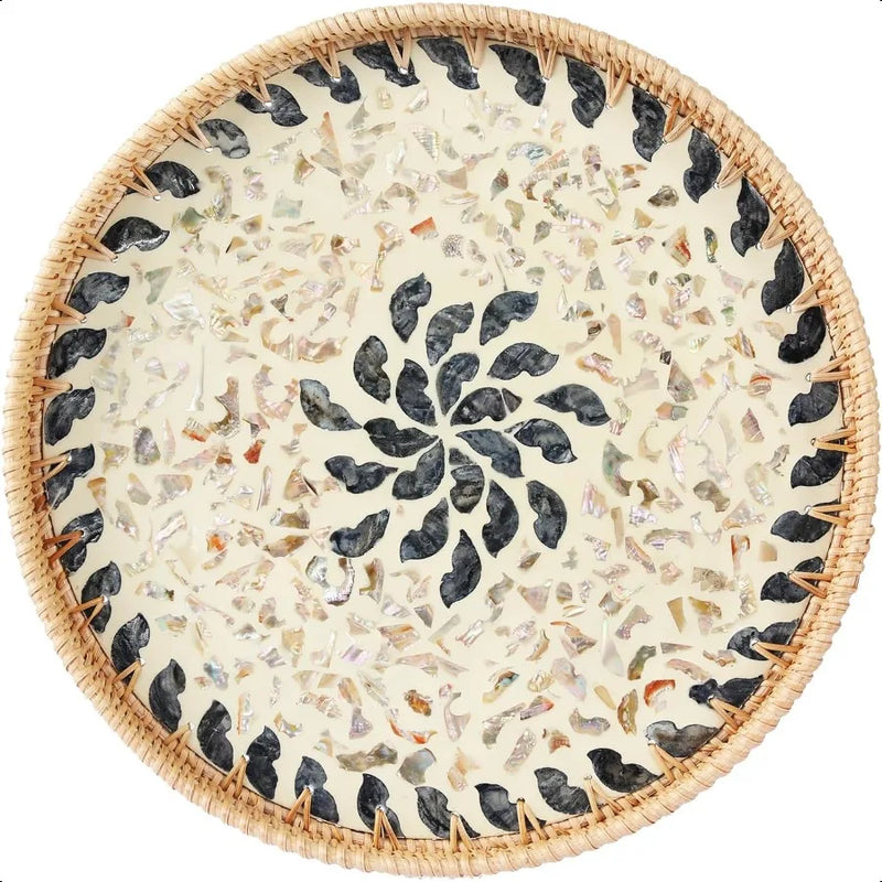 Large Round Rattan Serving Tray with Mother of Pearl Inlay