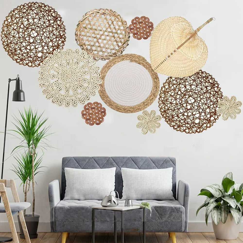 Natural Rattan Wall Basket Decor, Set of 10