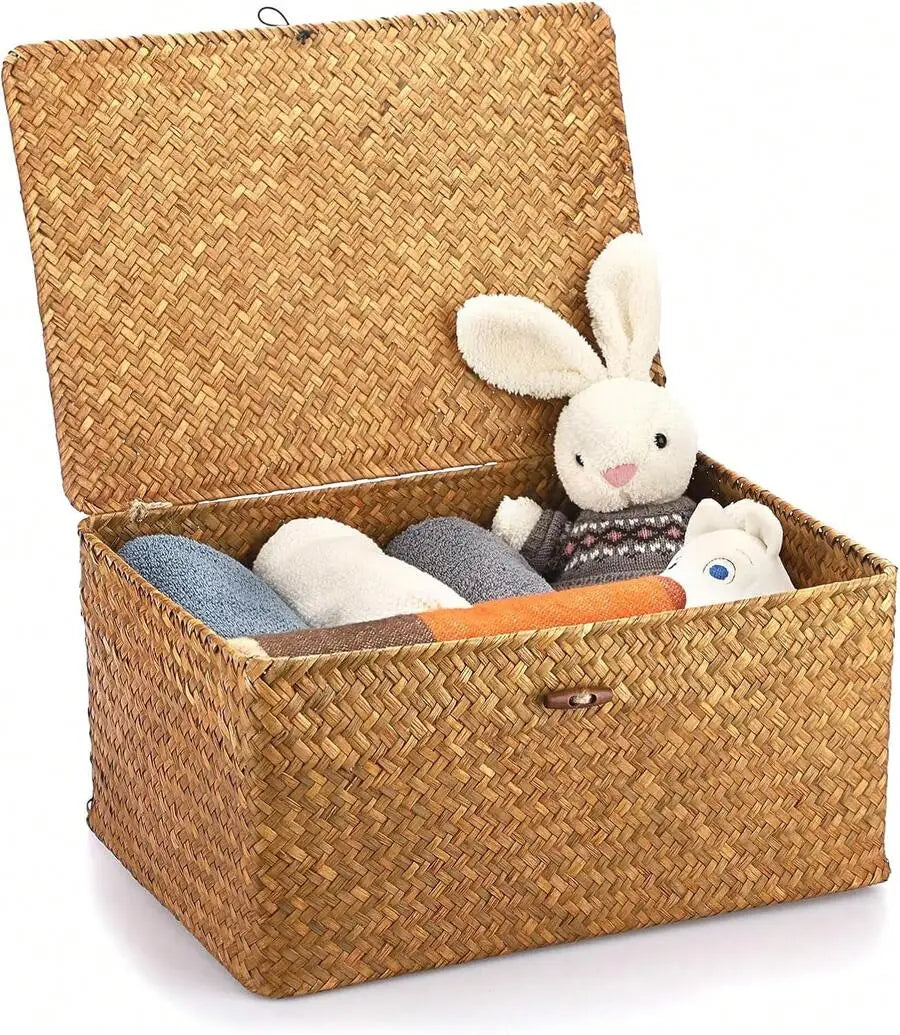 Handwoven Seagrass Storage Basket with Lid, Rectangular