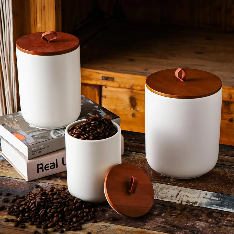 White Ceramic Canister Set with Bamboo Lids