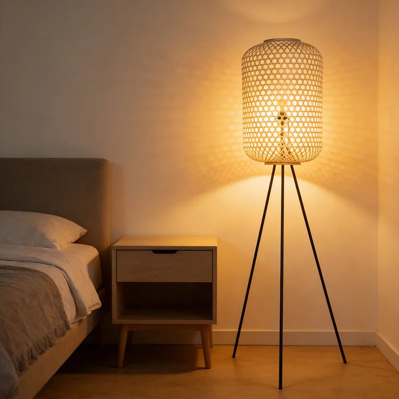Handcrafted Rattan Floor Lamp with Iron Tripod Stand