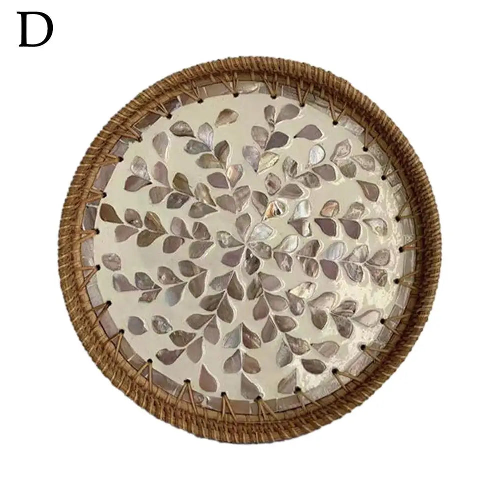 Round Rattan Serving Tray with Mother of Pearl Inlay
