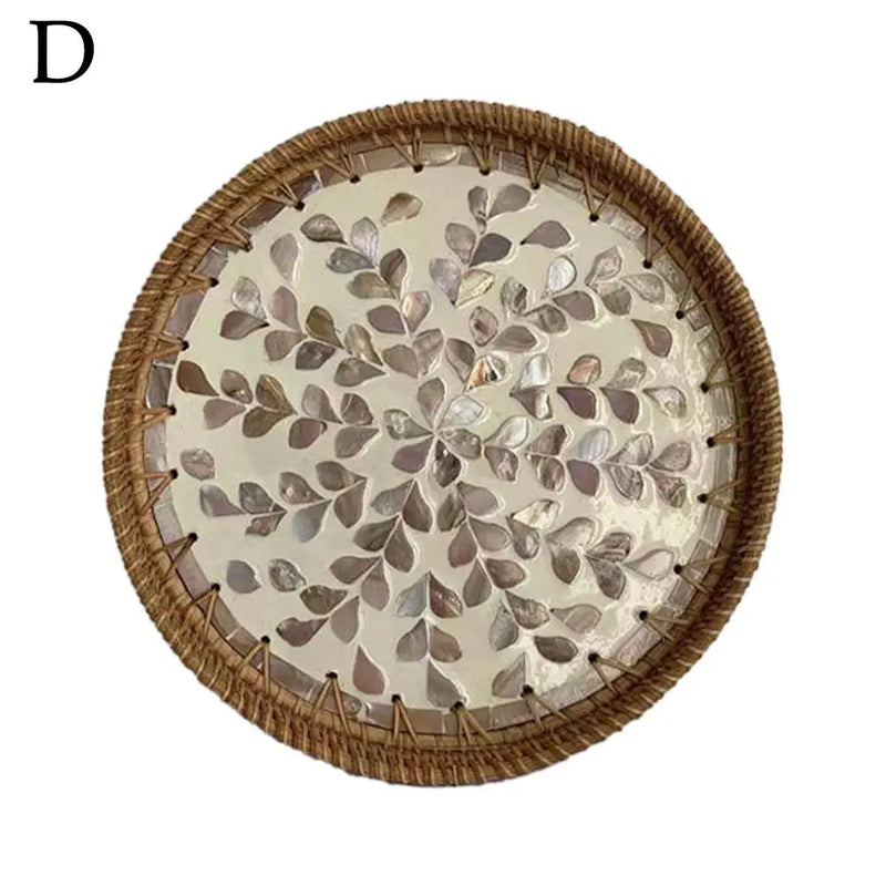 Round Rattan Serving Tray with Mother of Pearl Inlay